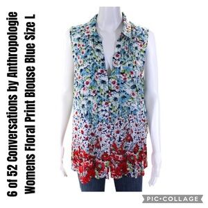 6 of 52 Conversations by Anthropologie Womens Floral Print Blouse Blue Size L